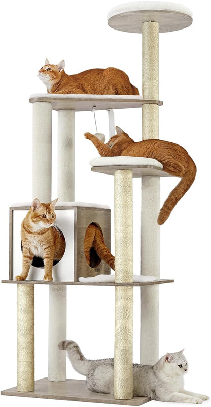 Feandrea Cat Tree, 64.6-Inch Modern Cat Tower, Multi-Level Condo with 5 Scratching Posts, Perch, Washable Removable Cushions, Cave, Heather Greige UPCT166G01