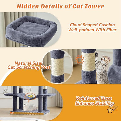 DUMOS Large 66 Inch Cat Tree Tower, Tall Multi Level Cat Climbing Tower with Natural Sisal Scratching Posts, Hammock, Pet Condo for Indoor Cats and Kittens Play, Dark Grey