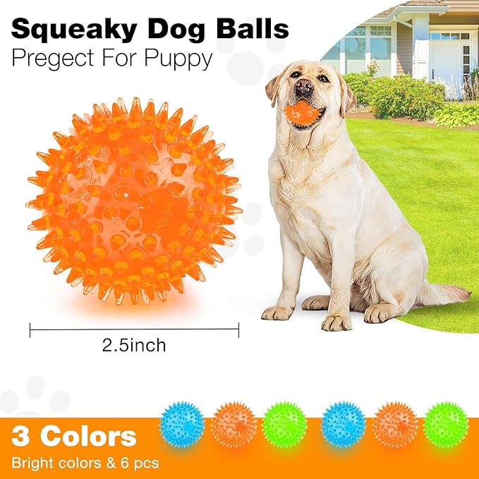 Puppy Toy 2.5” Squeaky Dog Balls Toys and Spikey Dog Ball for Aggressive Chewers for Small Dogs Dog Balls for Clean Teeth and Training （6 Pack