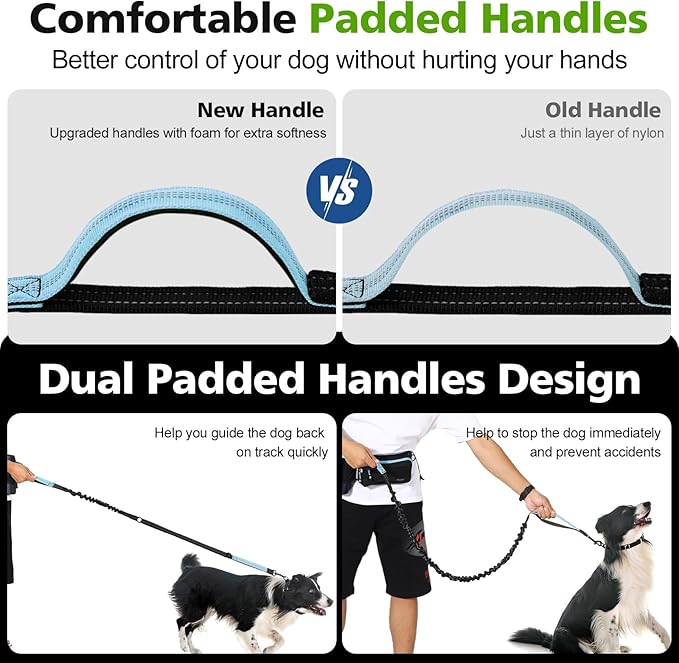 Hands Free Dog Leash, Adjustable Waist Leash for Walking with Dual Bungees Padded Handle, Shock Absorbing Hands Free Belt for Small Medium-Sized Dogs Outdoor Activities, Black+Blue