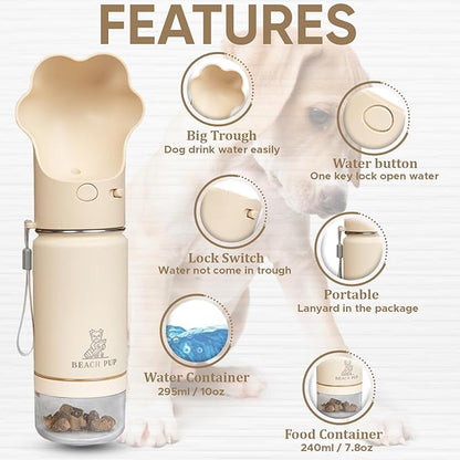 Dog Portable Water Bottle Stainless Steel 10 oz with Food Container - Pet Water Bottle - Cream Portable Dog Water Dispenser with Bowl and Container