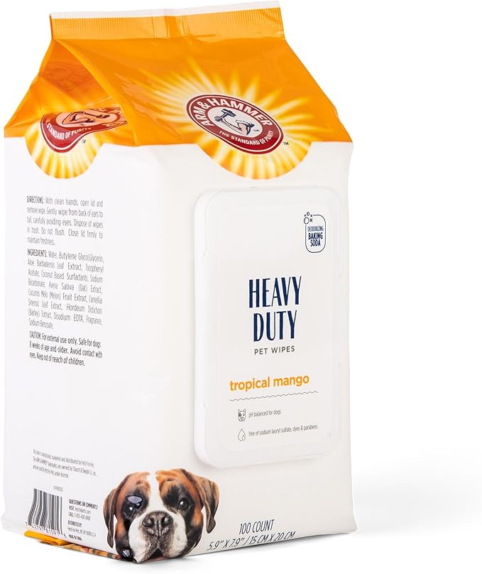 Arm & Hammer for Pets Heavy Duty Multipurpose Dog Wipes, Paw and Butt Wipes for Dogs to Help Clean Deodorize and Freshen Coat and Skin Between Baths, Mango Scent, 100 Count - 3 Pack