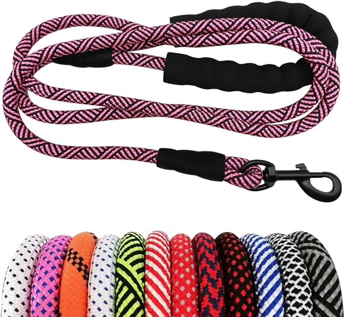 MayPaw Heavy Duty Rope Dog Leash, 3/4/5/6/7/8/10/12/15 FT Nylon Pet Leash, Soft Padded Handle Thick Lead Leashes for Large Medium Dogs (Pink Black, 1/2" * 10')
