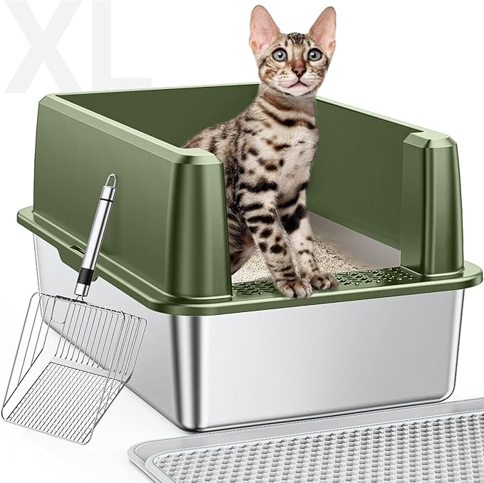 XL Stainless Steel Litter Box, Large Metal Cat Litter Box with High Sided for Big Cats, Enclosed Litter Boxes with Lid, Easy-Clean Cat Litter Mat & Scoop Kit, Non Sticky, Anti-Urine Leakage