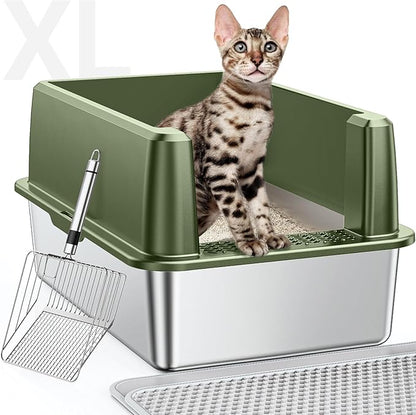 XL Stainless Steel Litter Box, Large Metal Cat Litter Box with High Sided for Big Cats, Enclosed Litter Boxes with Lid, Easy-Clean Cat Litter Mat & Scoop Kit, Non Sticky, Anti-Urine Leakage