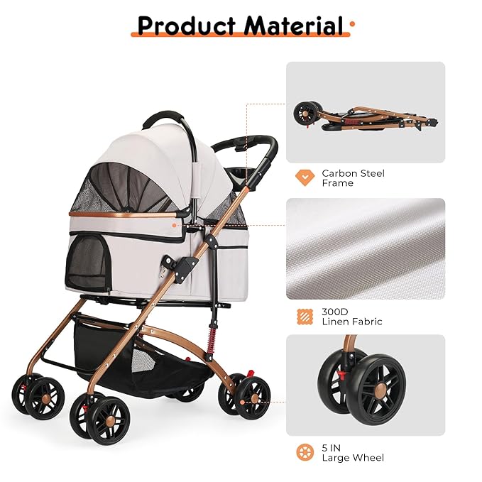 3-in-1 Foldable Pet Stroller for Medium Dogs & Cats up to 50lbs – Detachable Carrier & Car Seat with Storage Basket, 5” Lockable Wheels – All-Terrain Design for Jogging, Walking, and Travel (Grey)