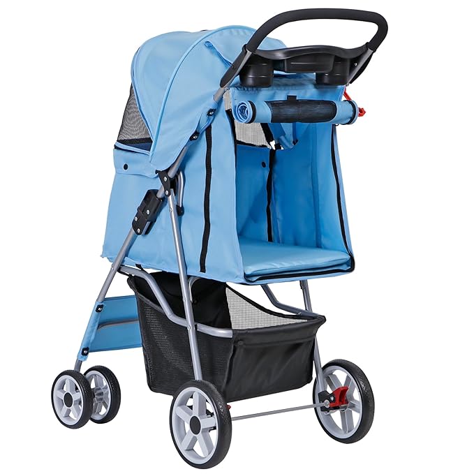4 Wheels Pet Stroller, Foldable Dog Cat Stroller for Small Medium Dogs Cats, Travel Carrier with Storage Basket and Cup Holder, Waterproof and Lightweight (Blue)