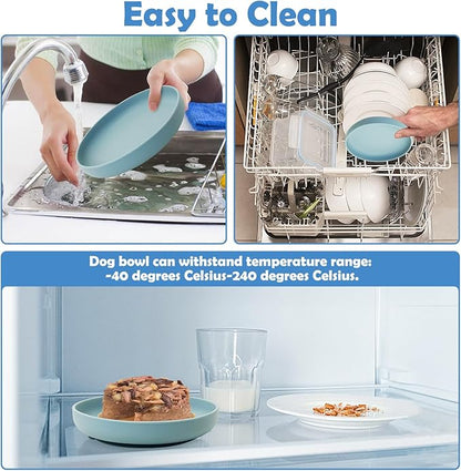 Silicone Dog Bowl Set of 2 Flat Puppy Food & Water Dish Less Mess Cat Dry Food Plates with Suction Cup Non-Tippable Feeding Bowls for Small & Medium-Sized Pets (Round Pale Blue)