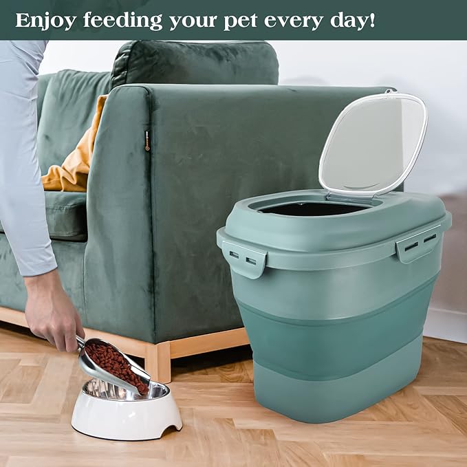 Dog Food Storage Container, Airtight Collapsible 13lb to 30lb Pet Food Container with Flip Top, Rolling Wheel, Scoop and 3L small container for Dog Cat Food and Dry Food of Rice, Flour