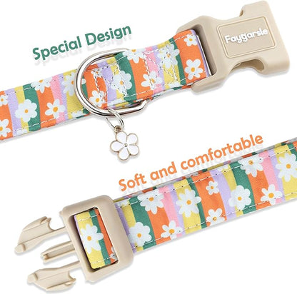 Faygarsle Colorful Floral Dog Collar, Cotton Fabric with Daisy Pattern, Multi-Color Stripes Spring Summer Design for Small Medium Large Dogs XS