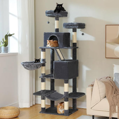 70.8" Tall Cat Tree for Large Cats, Multi-Level Cat Tower with 8 Sisal Scratching Posts, 2 Top Perches, Big Condo, Large Hammock, and Cat Furniture for Indoor Cats, Dark Gray