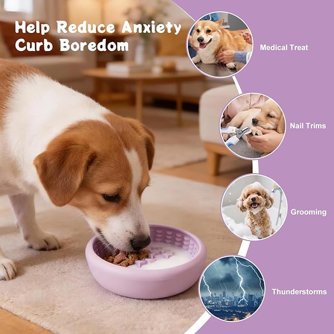 Dog Lick Bowl, Anxiety Relief Slow Feeder Lick Mat for Dogs, Non-Slip Freeze Licking Bowls Enrichment Puzzle Pet Feeding Treat Dispenser for Distraction, Silicone Lick Pads for All Dogs(Purple, Large)