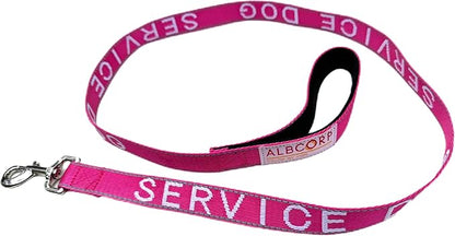 Albcorp Service Dog Leash 4 FT x 1 Inch – Reflective Leash with Embroidered Service Dog Lettering, Heavy-Duty Nylon, Padded Neoprene Handle, Pink.