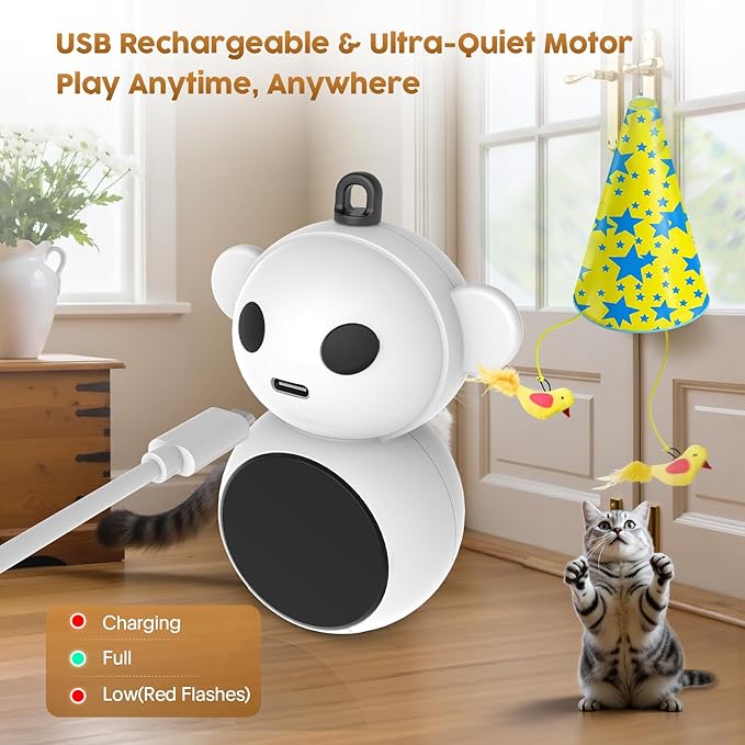 Interactive Cat Toy for Indoor Cats: 2 in1 Automatic Hide and Seek Moving Concealed Flying Bird Wand Feather with Chirping Bird Squeaky, Hanging Rechargeable Exercise Cat Toy for Kittens and Adult Cat