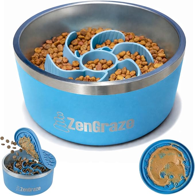 Stainless Steel Slow Feeder Dog Bowl for Large Dogs | 64 oz, Non-Slip Base with Textured Lick Mat Lid & Silicone Slow Feeder Insert – Deep Anti-Gulp Metal Puzzle Bowl for Large Breeds (Eli Blue)