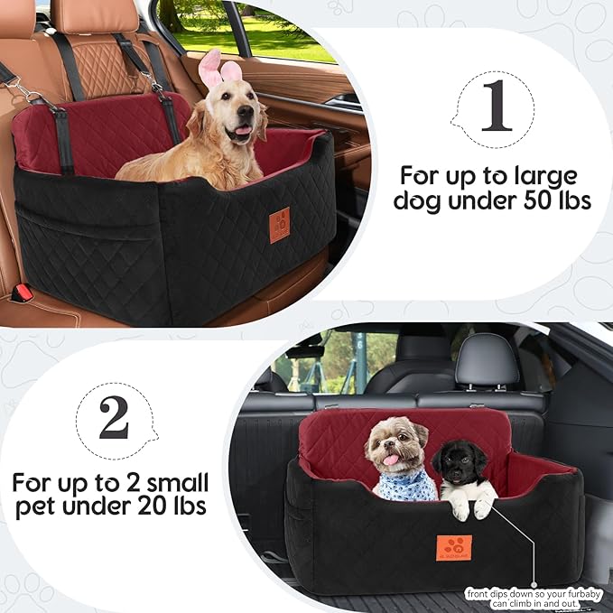 GL GLENSLAVE Dog Car Seat for Medium/Large Dogs, Dog Booster Seat for Pet Under 50lbs or 2 Small Dogs, Detachable and Washable Pet Car Bed, Multi-Functional Pet Booster Seat for Backseat(Black/Red)