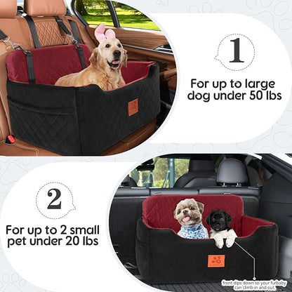 GL GLENSLAVE Dog Car Seat for Medium/Large Dogs, Dog Booster Seat for Pet Under 50lbs or 2 Small Dogs, Detachable and Washable Pet Car Bed, Multi-Functional Pet Booster Seat for Backseat(Black/Red)