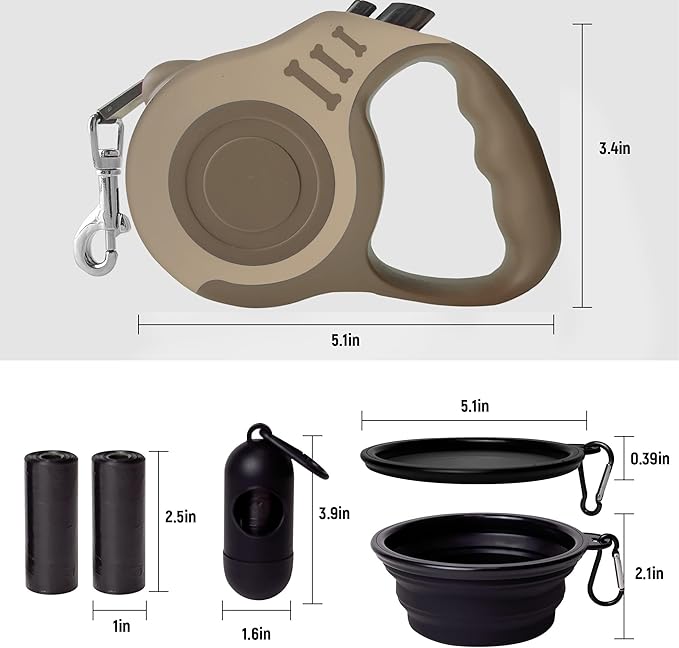 Retractable Dog Leash Automatic Telescopic Tractor Dog Tape, Pet Tape 10/16 FT Durable and Convenient, with Folding Bowl, Dispenser, Rubbish Bags, Suitable for Small and Medium Dogs