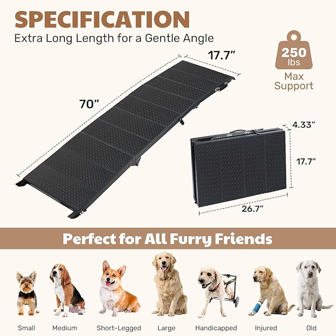 71" Extra Long Dog Ramp for Large Dogs, Heavy Duty Metal Frame Pet Ramp for High SUVs, Trucks and Cars, Portable Folding Travel Dog Ramps with Safety Latch, Supports up to 350lbs