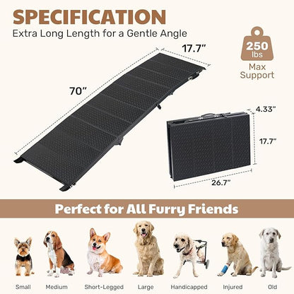71" Extra Long Dog Ramp for Large Dogs, Heavy Duty Metal Frame Pet Ramp for High SUVs, Trucks and Cars, Portable Folding Travel Dog Ramps with Safety Latch, Supports up to 350lbs