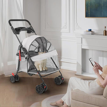 Foldable Pet Stroller w/Lockable Brakes,40lbs Capacity Ventilated Mesh Carrier Cart for Small Medium Dogs & Cats,Dog Stroller (Light Gray)