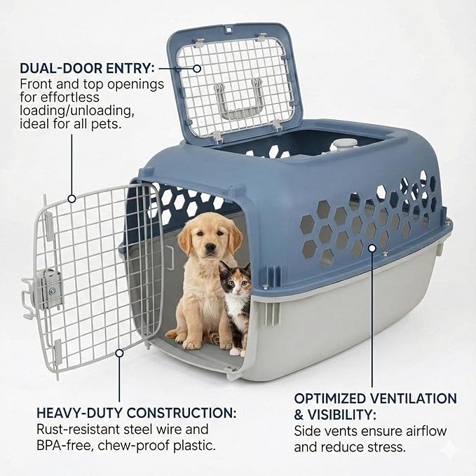 Portable Double Door Plastic Pet Carrier for Dogs & Cats - 24" Durable Ventilated Kennel with Top Loading, Airline Approved, Foldable Design for Travel & Vet Visits