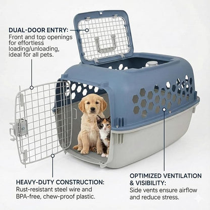 Portable Double Door Plastic Pet Carrier for Dogs & Cats - 24" Durable Ventilated Kennel with Top Loading, Airline Approved, Foldable Design for Travel & Vet Visits