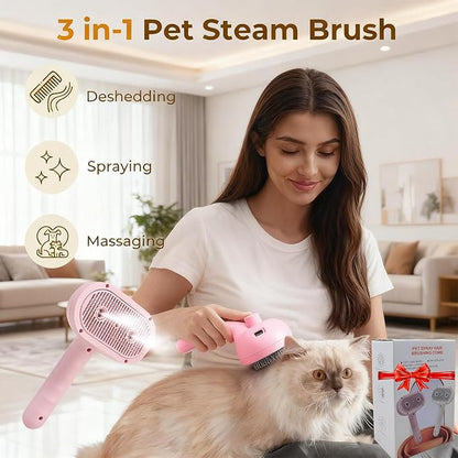 Pet Steam Brush for Cat & Dog, 2-Hole Double Spray, 3-in-1 Cat Steam Brush,Pet Spray Comb with Shedding Massaging Grooming Self-Cleaning Release Button for Long & Short Haired Pets(Pink)