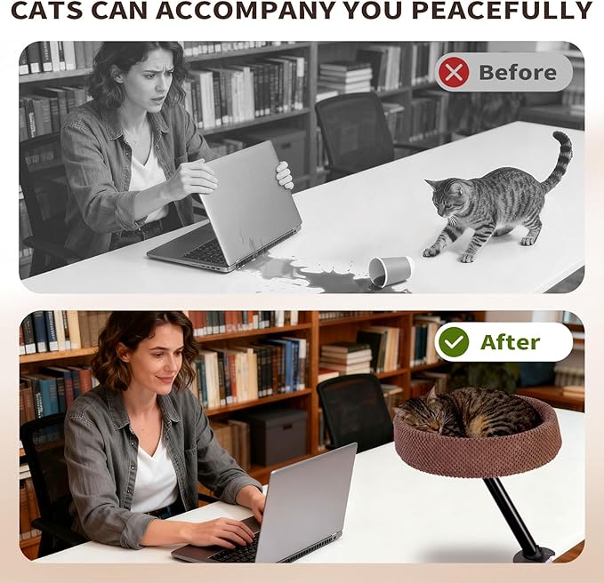 Cat Desk Bed, Cat Nest Bed for Desk Supports Up to 60 lbs, 360° Rotation Soft Cats Hammock, Nest Desktop Attachment Cats Hammock for Various Desktop Side Table Furniture(Brown)