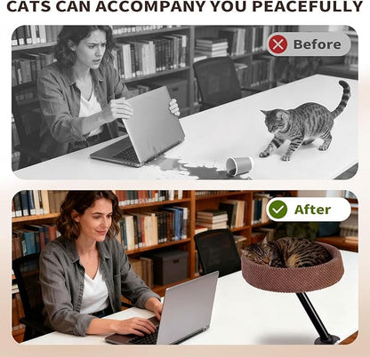Cat Desk Bed, Cat Nest Bed for Desk Supports Up to 60 lbs, 360° Rotation Soft Cats Hammock, Nest Desktop Attachment Cats Hammock for Various Desktop Side Table Furniture(Brown)