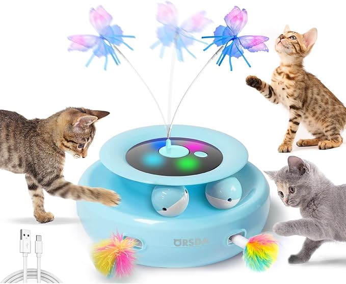 ORSDA Cat Toy, 3-in-1 Automatic Interactive Electronic Moving Ambush Feather, Fluttering Butterfly, Track Balls, USB Rechargeable Powered Smart Indoor Exercise Kicker