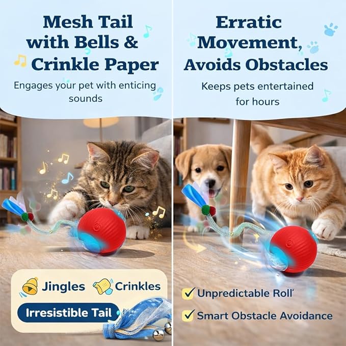GlowPounce Interactive Rolling Ball Toy for Indoor Cats & Small Dogs – Motion-Activated Smart Moving Ball with LED Lights – Rechargeable Automatic Play Toy for Cats, Kittens & Puppies, Red