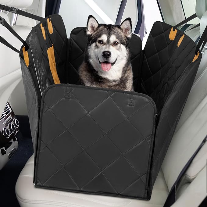 Dog Car Seat Cover, Dog Cover for Back Seat with Breathable Mesh, 2 Storage Pockets, 2 Side Straps, Dog Seat Cover Hammock for Cars, Trucks & SUVs (Large Size)