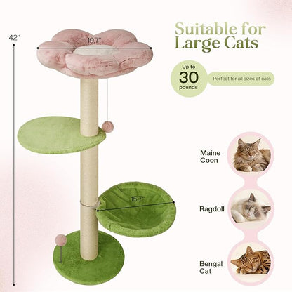 2 Ways Cat Window Perch, Flower Window Perch for Cats Inside with Hammock & Jumping Paltform, Cats Window Bed with Tall Sisal Scratching Post, Cat Hammock for Windows with 2 Strengthened Suction Cups