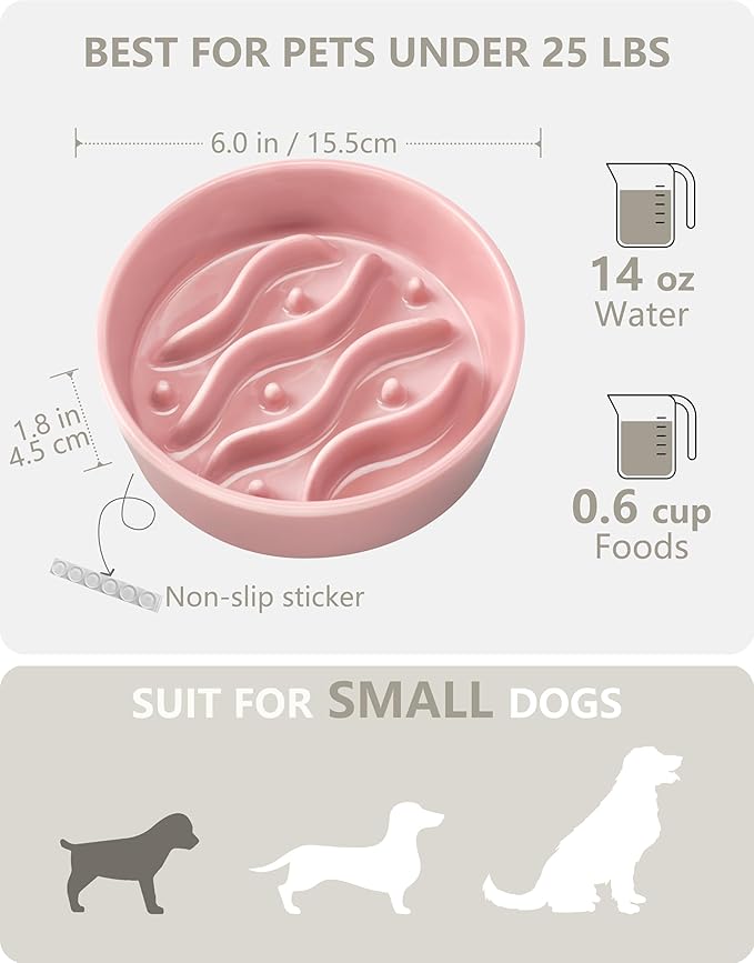Ceramic Slow Feeder Dog Bowls for Small Dogs, 0.6 Cup Dog Slow Feeder for Fast Eater, Puzzle Maze Bowl, 14oz, 6in, Salmon Pink