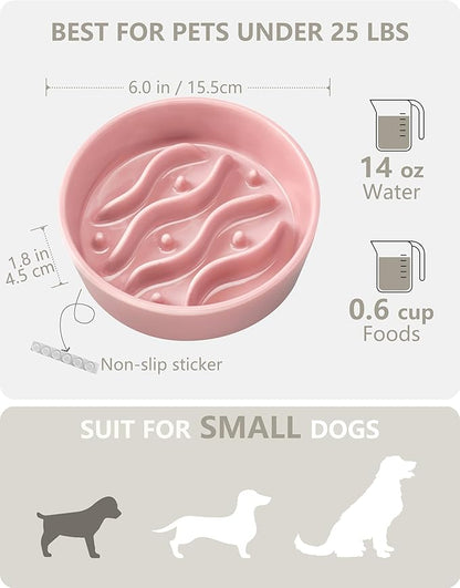Ceramic Slow Feeder Dog Bowls for Small Dogs, 0.6 Cup Dog Slow Feeder for Fast Eater, Puzzle Maze Bowl, 14oz, 6in, Salmon Pink