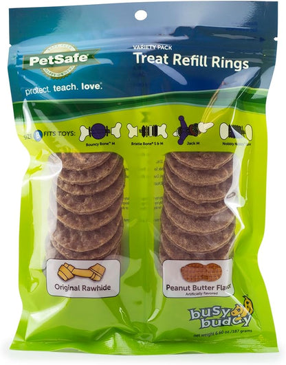 PetSafe Busy Buddy Rawhide Treat Rings Variety Pack - Long-Lasting Chew Refills - Peanut Butter & Original Rawhide Flavors - Delicious Dog Treat - Size B - 24 Count