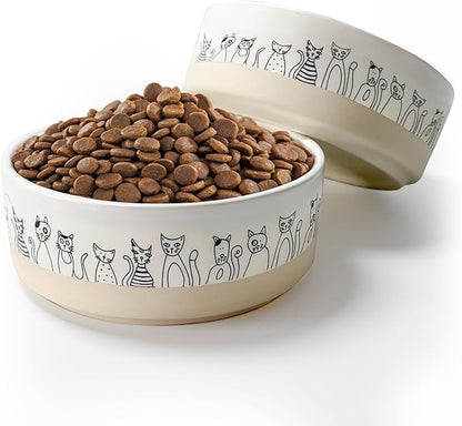 Ceramic Cat Bowls Set of 2，6.1inch Wide Cat Food Bowl with Cute Patterns Printing for Small Medium and Large Breed Dogs and Cats,Weighted Pet Feeding Dishes for Food and Water Dishwasher Safe