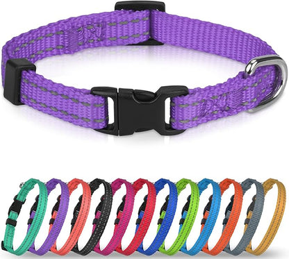 Joytale Puppy Collar, Feather-Light Double-Sided Reflective Nylon Collar for Night Safety, Adjustable Quick-Release for Extra Small Dogs, Purple, XS (3/8" Width)