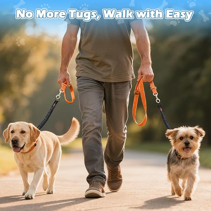 Bungee Dog Leash Extender, Shock Absorbing Dog Lead Extender for No Pull & Prevents Injury, Retractable Bungee Leash for Large Dogs with 360° Swivel Clip & Reflective Strip, 2 Pack