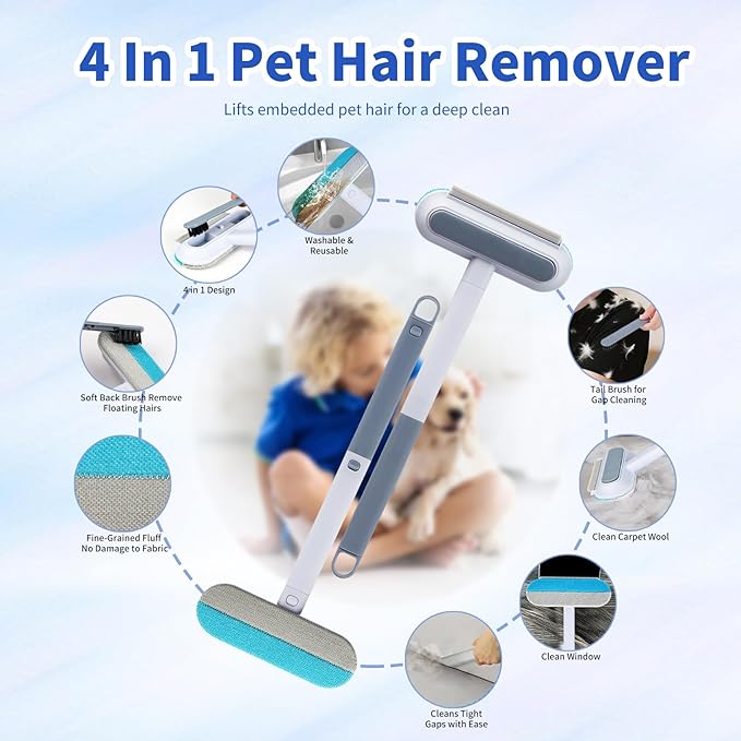 Cat Hair Remover 4-in-1 Multi-Functional Brush Double-Sided, Reusable & Washable Lint Cleaner for Dog and Cat Hair Gentle on Furniture, Sofa, Carpets, Clothing, Pet Beds - 17" Long Handle (2026 New)