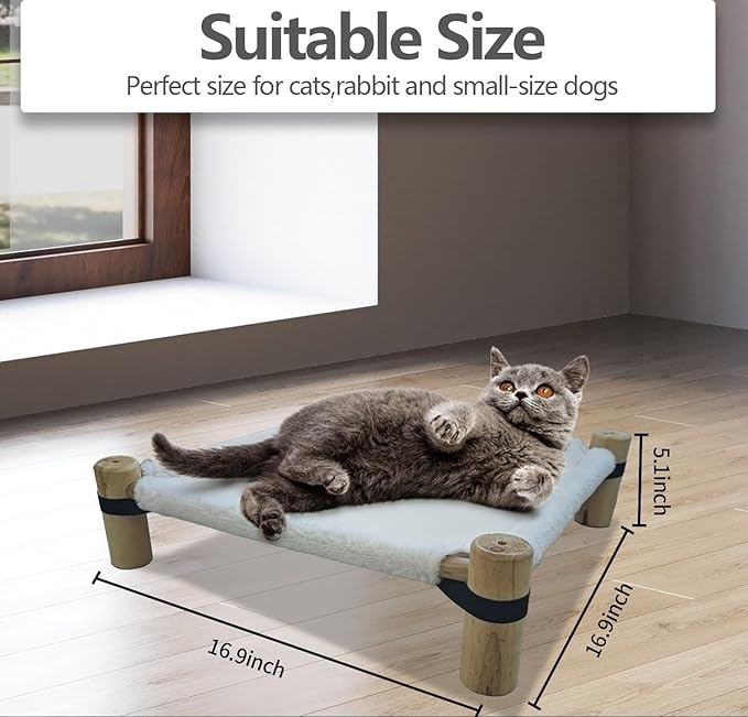 Pozico Cat Hammock Bed – Wooden Elevated Cat/Dog Bed with Plush Winter Fabric – Raised Pet Cot Furniture for Small Dogs, Cats & Small Animals – Warm Indoor Lounger – Portable & Washable