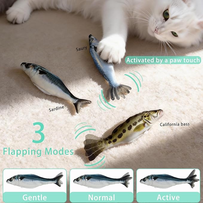 Realistic Floppy Fish Cat Toys, 3 Pack Mini-Sized, Moving Cat Toy Flopping Fish for Indoor Kitten, Sardine/Saury/Bass Interactive Cat Toys, Touch Activated, Rechargeable.