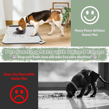 Silicone Dog Food Mat With Residue Collection Pocket - Waterproof Pet Feeding Mat for Cats and Dogs, Raised Edges, Hooks, Placemats for Water Bowl