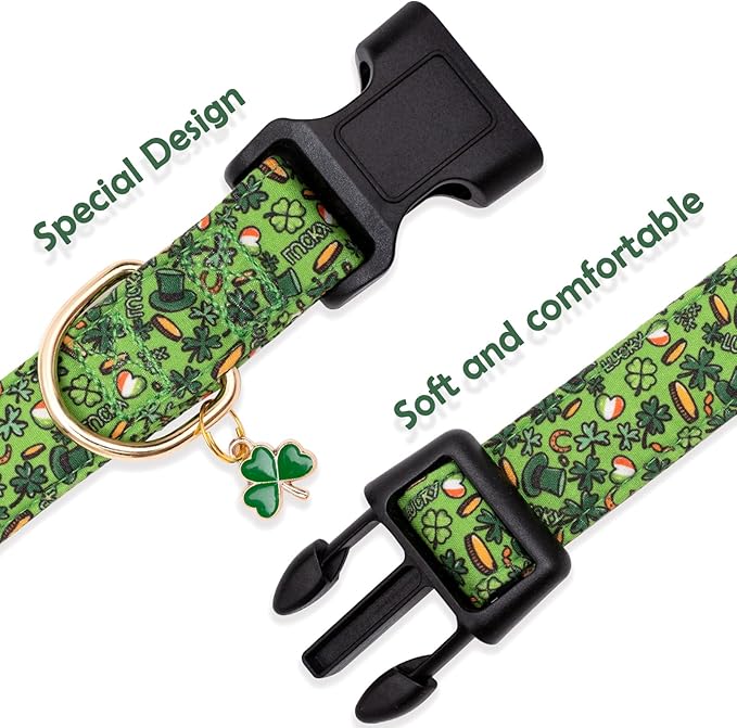 Faygarsle St Patrick's Day Dog Collar Cute Holiday Collar for Small Medium Large Dogs Green Trefoil Print Lucky Straw Cotton Dog Collar S
