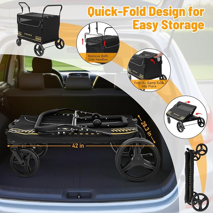 Extra Large Pet Stroller with Ramp, Dog Stroller for Large & Medium Dogs up to 180lbs, Foldable Dog Wagon with Dual Handle & Brake, Portable Puppy Travel Strollers for Cats & Dogs
