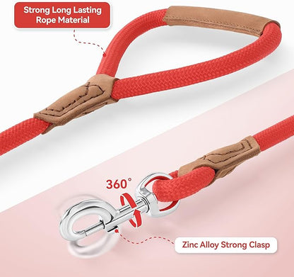 Mile High Life Leather Dog Leash, Heavy Duty Strong Genuine Leather Handle Rope Leash Soft and Comfortable for Small Medium Large Dogs (Red, 72 Inch)