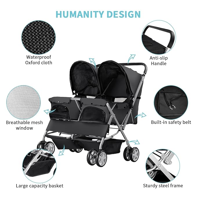 Double Pet Stroller, Foldable Stroller for 2 Dogs & Cats, Two-Seater Carrier Twin Dog Walk Jogger Travel Pet Carriage Cart with Storage, Black