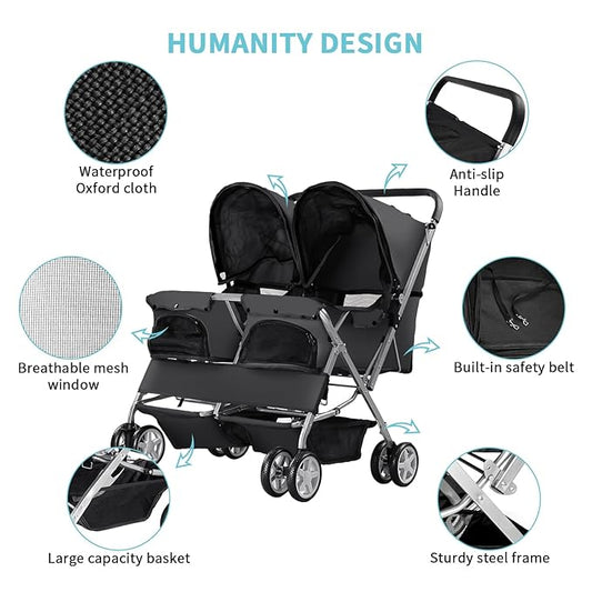 Double Pet Stroller, Foldable Stroller for 2 Dogs & Cats, Two-Seater Carrier Twin Dog Walk Jogger Travel Pet Carriage Cart with Storage, Black