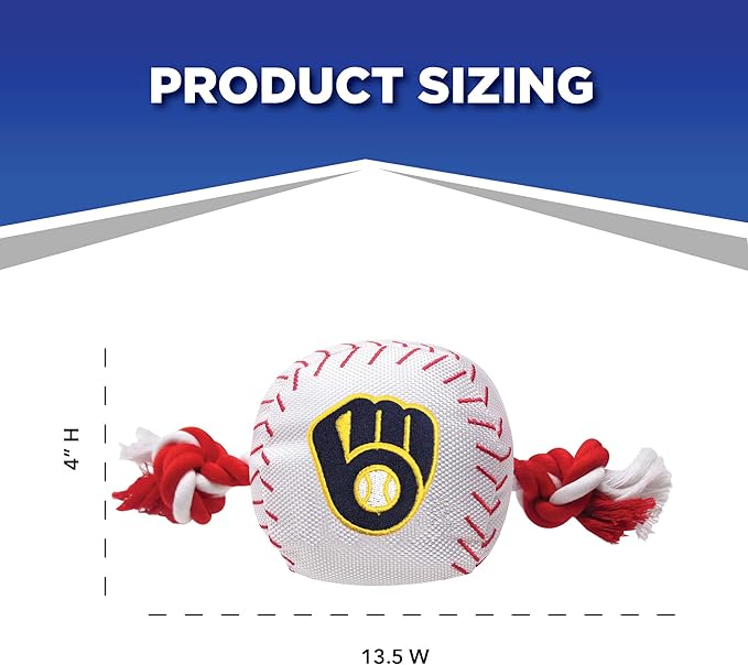 MLB MILWAUKEE BREWERS Baseball Rope Toy for DOGS & CATS. Tough nylon, Sporty Baseball Design, Heavy-duty ropes with Inner SQUEAKER